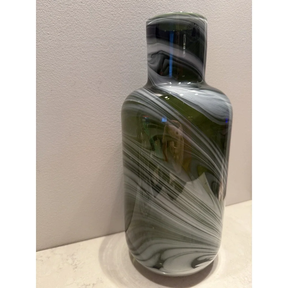 IKEA Avocado Green & White Swirl Blown Glass Lrg Vase Design‎ by Iina Vuorivirta